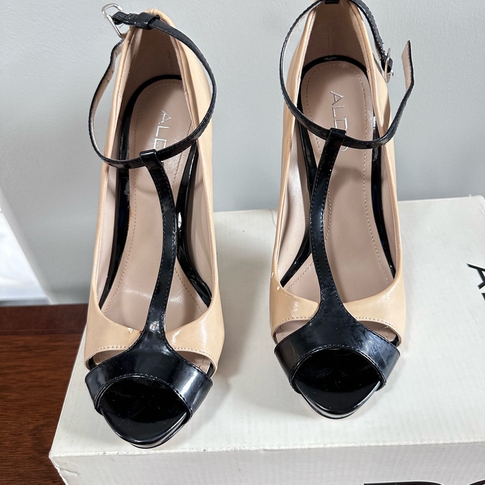 Aldo Black and Beige T-Strap Peep Toe Heels with Ankle Strap